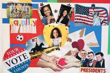 colorful collage with a young girl in a yellow heart as the centerpiece