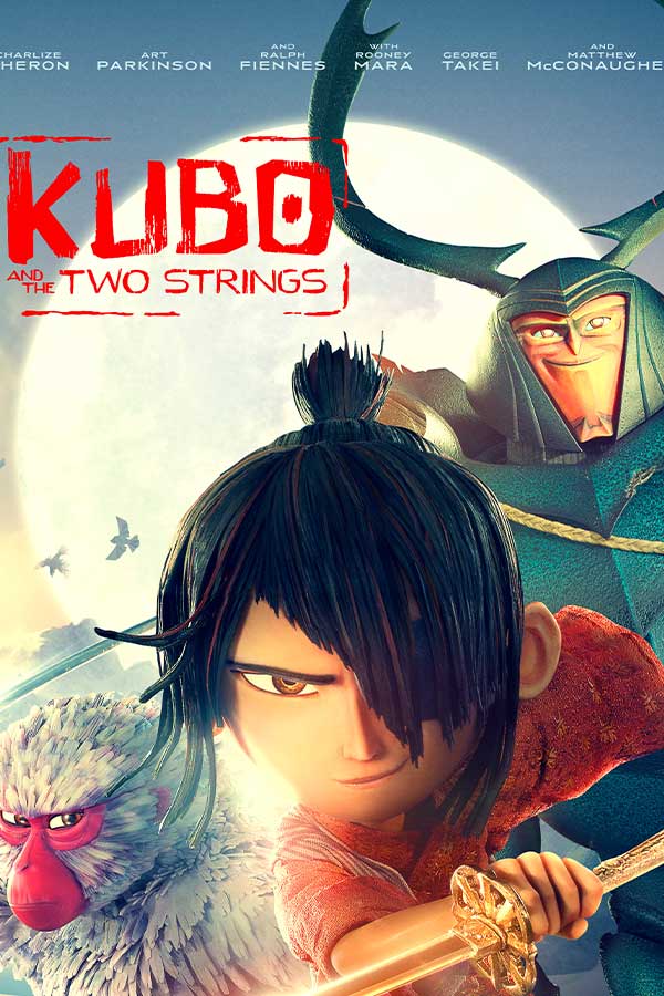 main character from "Kubo and the Two Strings" holding a sword, behind him is a monkey and insect man
