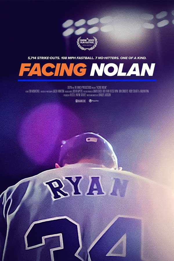 film poster for "Facing Nolan" of the back of a baseball player, his jersey reads "RYAN"