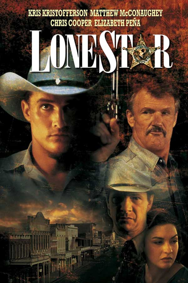 film poster for "Lonestar" with two central characters - one wearing a cowboy hat, one holding a gun