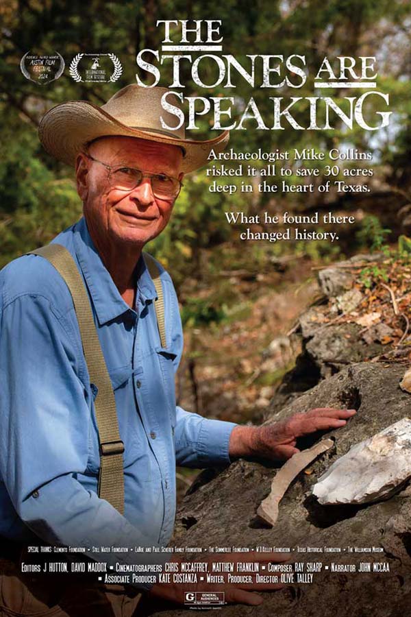 Film poster for "The Stones Are Speaking" with multiple awards around the title, featuring a man wearing glasses and a cowboy hat standing next to stones.