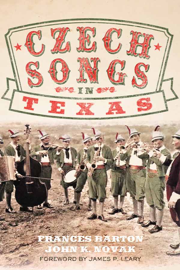 book cover of "Czech Songs in Texas" showing a group of Czech musicians in green costumes standing in a group