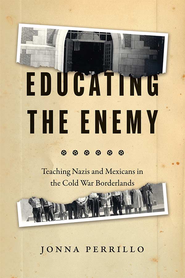 book cover of "Educating the Enemy" with a cream colored background and a torn black and white photograph