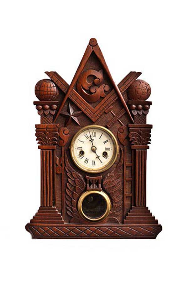 wooden masonic shelf clock with detailed carving