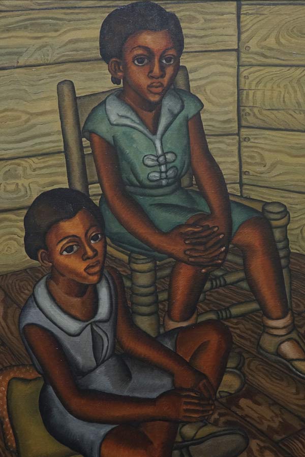 painting of two Black women sitting in a cabin, wearing blue dresses