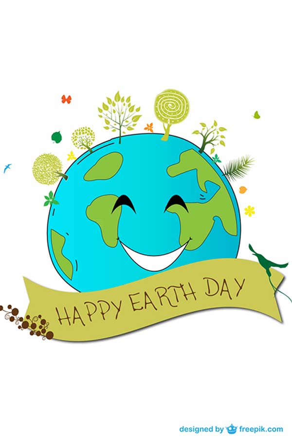 illustration of the Earth with a smile, trees growing out of the top, and a banner that reads "Happy Earth Day"