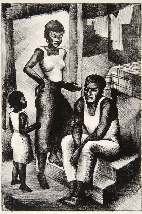 black and white lithograph of a Black family - a man sitting on steps, woman looking at him, and a child standing in front of her mother