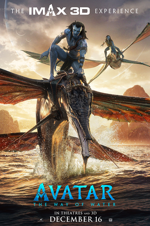 film poster for "Avatar: The Way of Water" of two blue alien people riding winged creatures over an ocean