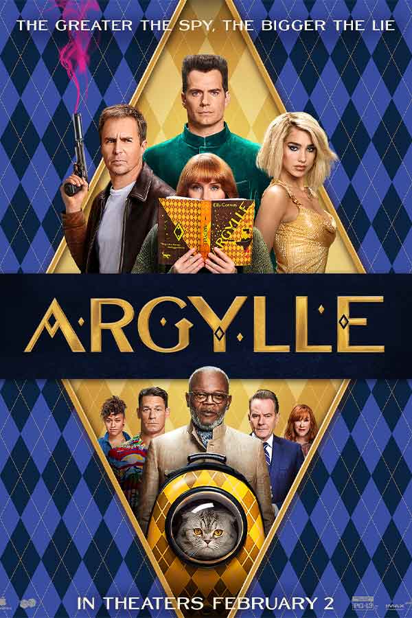 film poster for "Argylle" of adults situated in a golden diamond, the background is purple argyle