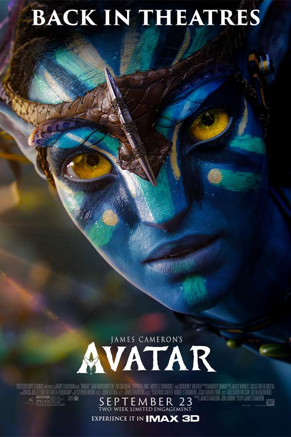 film poster for "Avatar" of the face of a blue avatar with painted lines and big bright yellow eyes