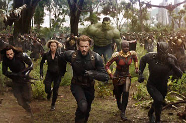 Avengers charging at the camera
