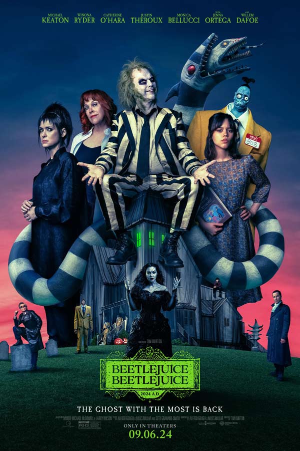 film poster for "Beetlejuice Beetlejuice" with various characters around a haunted house