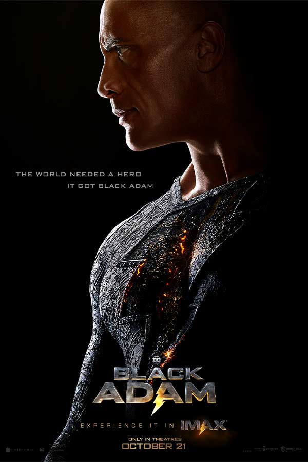 film poster for "Black Adam" of the profile a man wearing a black body suit
