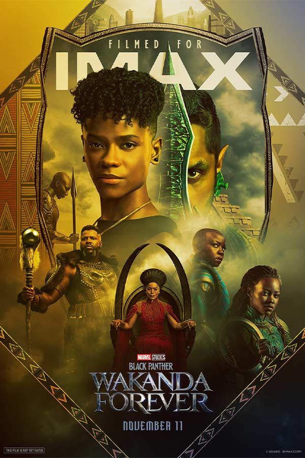 film poster for "Black Panther: Wakanda Forever" with seven characters from the film collaged together