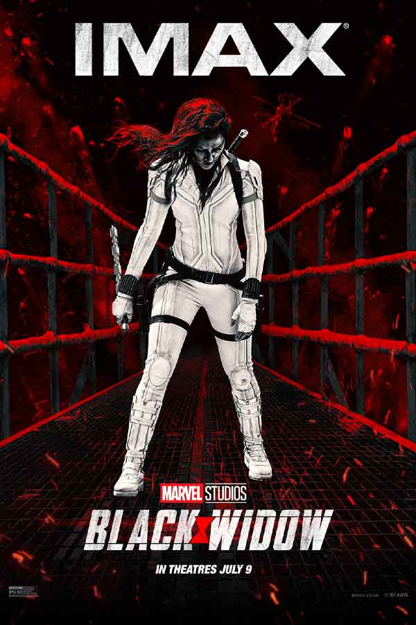 standing woman in a white suit, behind her is a web of red lines. Text reads "IMAX Marvel Studios Black Widow"