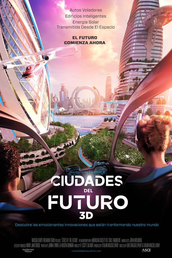 Cartel de la película "Cities of the Future" (Ciudades del futuro) con una imagen animada de personas en un carro volador entrando en una ciudad futurista.