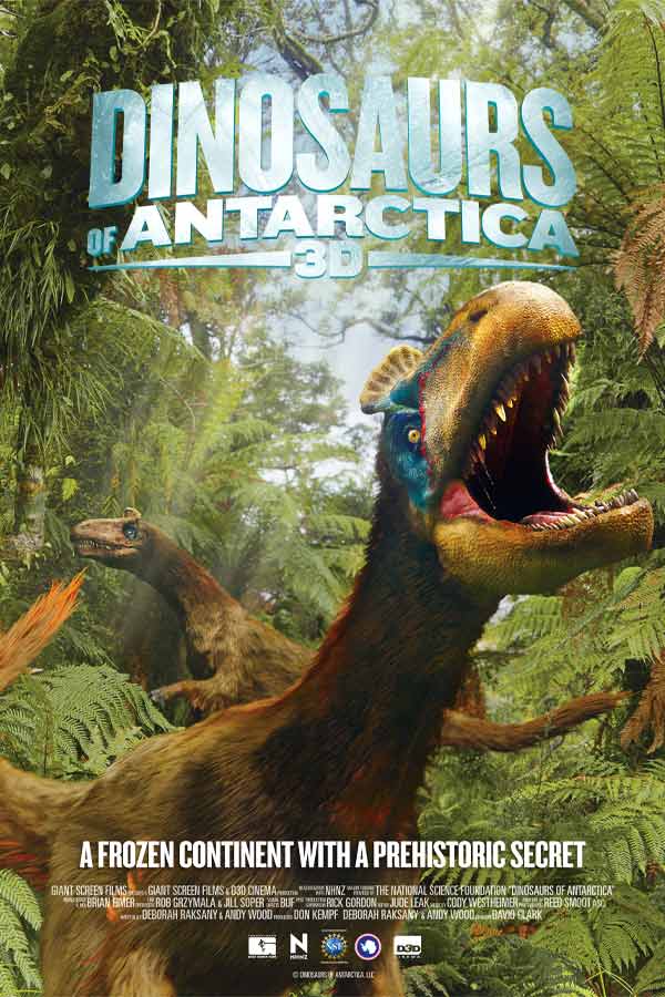 poster of the film "Dinosaurs of Antarctica" with a rendering of a dinosaur with its mouth open in a lush jungle