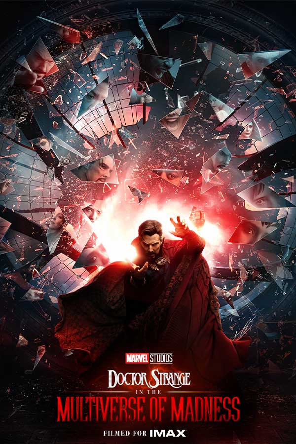 film poster from "Doctor Strange in the Multiverse of Madness" with a man in a red cape surrounded by shards of mirror