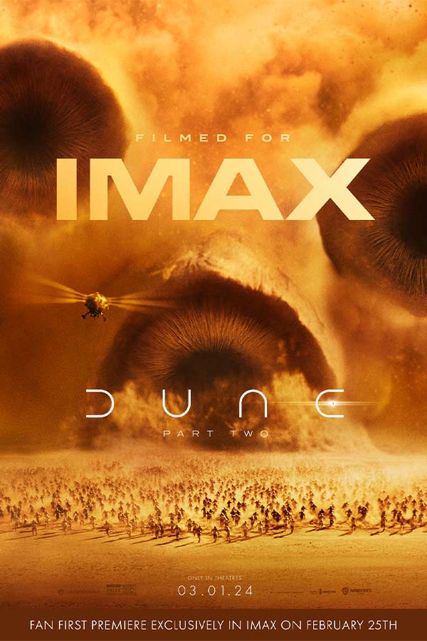 "Dune: Part Two" film poster of three large sand worms coming towards a group of people