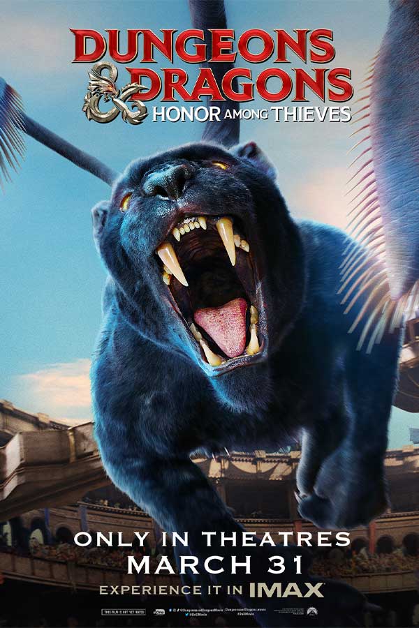 film poster for "Dungeons & Dragons: Honor Among Thieves" of an animal that resembles a panther but has wings and a long tail