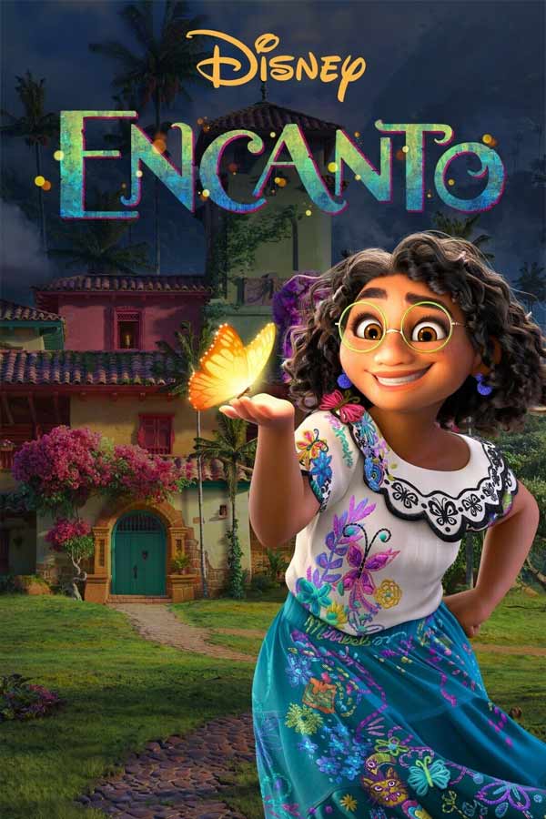 film poster from "Encanto" of a girl with a colorful floral outfit holding a glowing butterfly