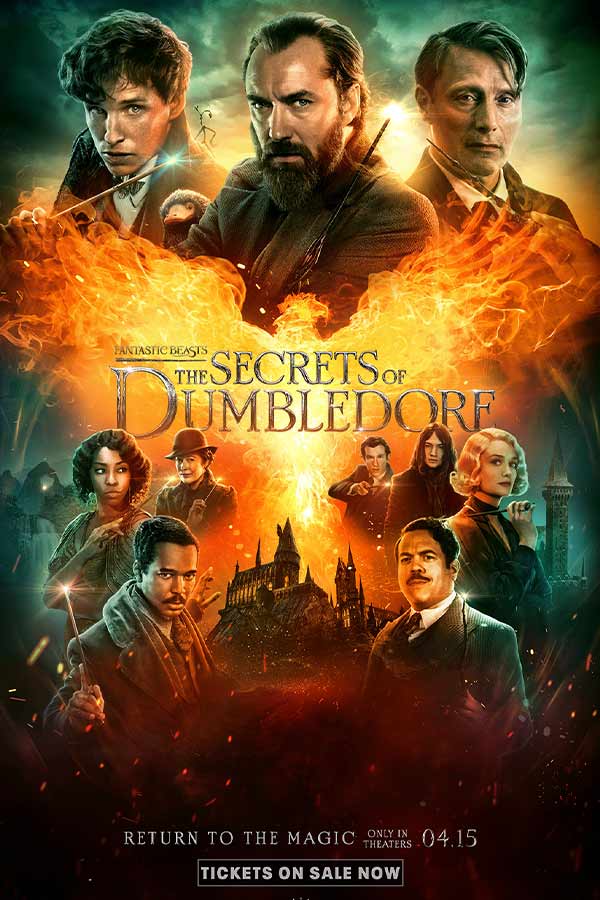 film poster from "Fantastic Beasts: The Secrets of Dumbledore" with many characters and a large ball of fire