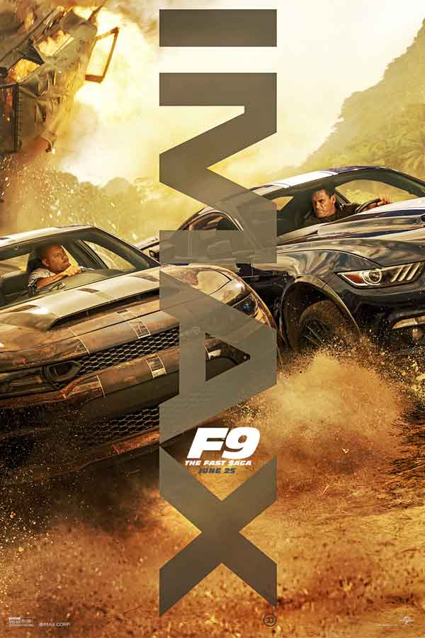 action packed film poster of F9 with two cars next to each other on a dirt road, the passengers are looking at each other