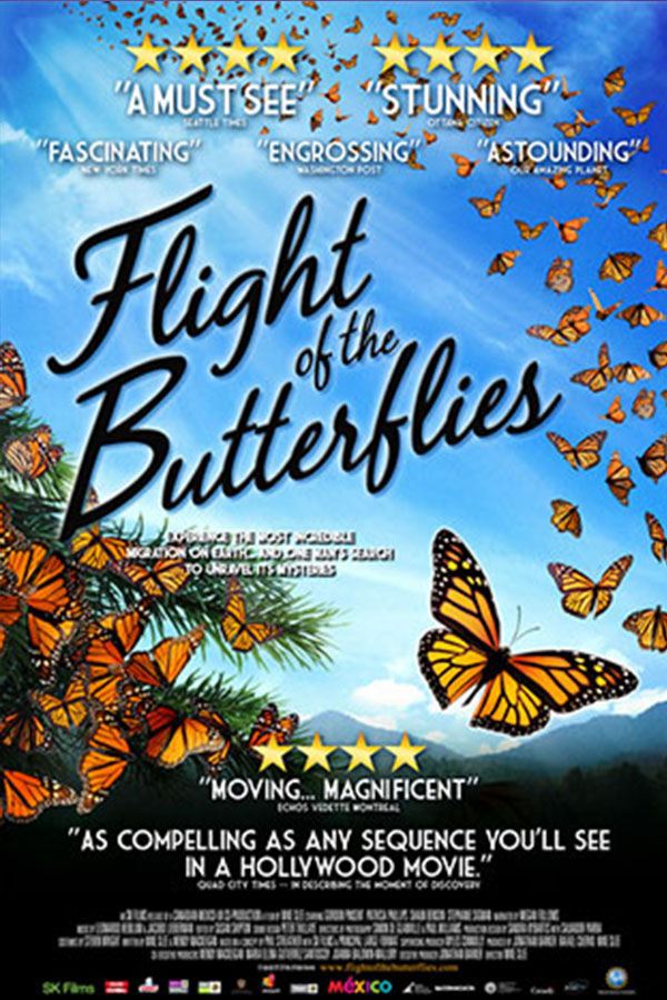 film poster for "Flight of the Butterflies" of monarch butterflies flying against a blue sky