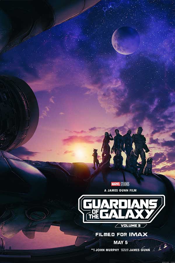 film poster for "Guardians of the Galaxy Vol. 3" characters from the film are standing on a large spaceship in the sky