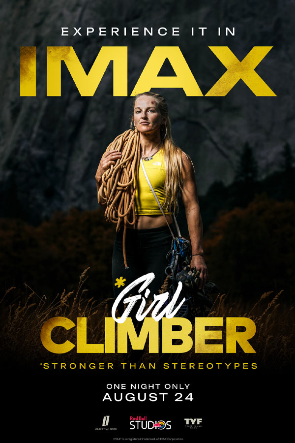 film poster for "Girl Climber" of a woman holding a large coil of climbing rope on one shoulder.