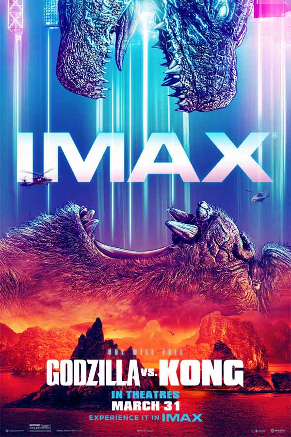 a mostly blue and red poster with Godzilla's open mouth poking out from the top and King Kong's open mouth from the bottom. Text reads, 