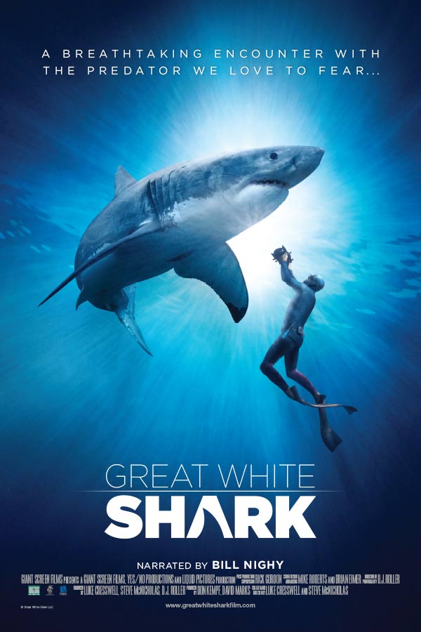 poster for the film "Great White Shark" of a scuba diver taking an underwater photo of a great white shark