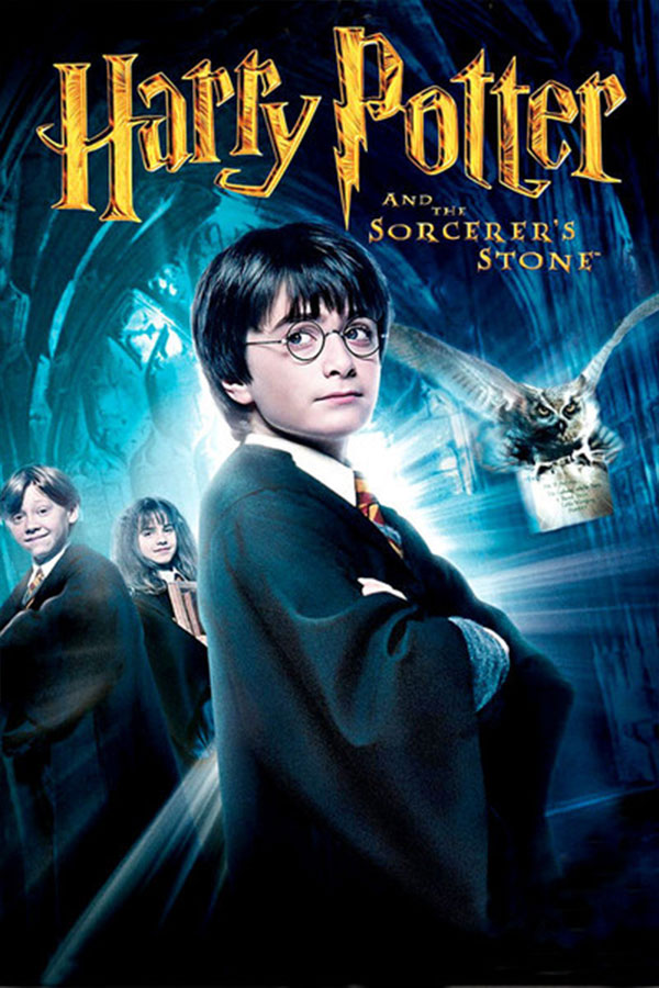 poster for Harry Potter and the Sorcerer's Stone, young boy looking above the camera, dressed in black, an owl flies in the background