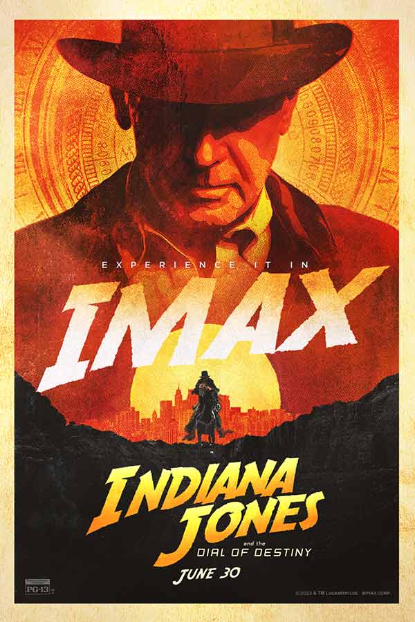 screen printed film poster for "Indiana Jones and the Dial of Destiny" of Indiana Jones with his head bowed, hat on with some kind of dial behind him