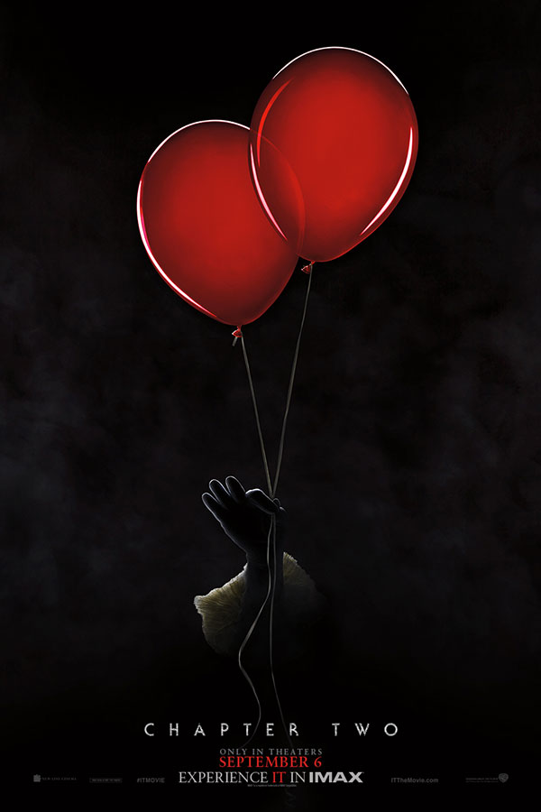 It: Chapter 2 poster with a clown hand holding two red balloons