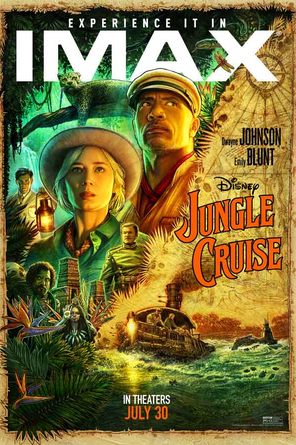 "Jungle Cruise" film poster of Emily Blunt on the left and Dwayne "the Rock" Johnson on the right. They are wearing safari outfits