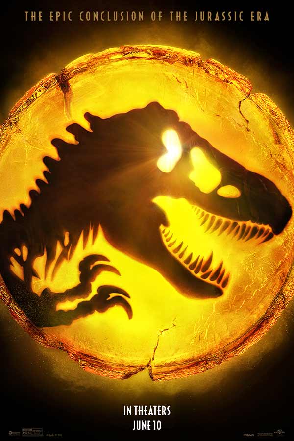 film poster from "Jurassic World Dominion" of a silhouette of a T. rex in an amber circle