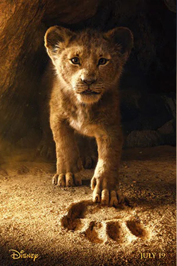 Simba the lion cub emerging from his den with his paw in Mufasa's pawprint