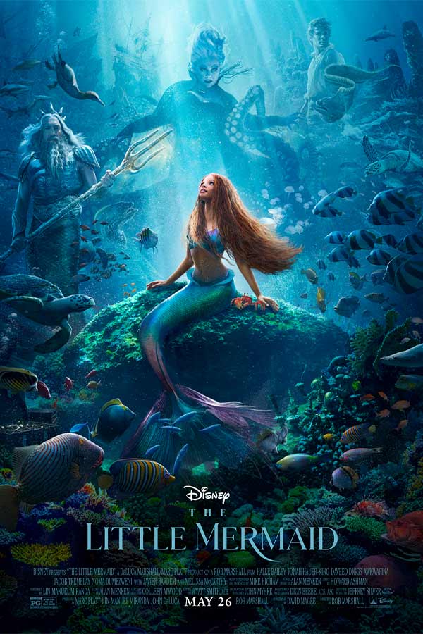 film poster for "The Little Mermaid" of Ariel sitting on a rock underwater with her hair flowing behind her