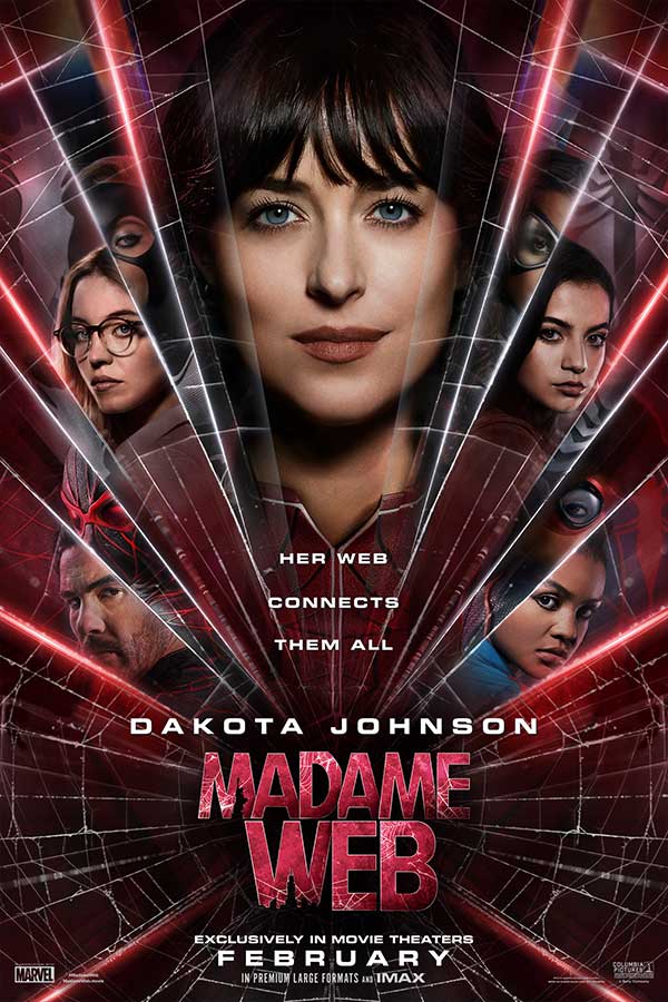 film poster for "Madame Web" of a woman in a red jacket surrounded by a spider web