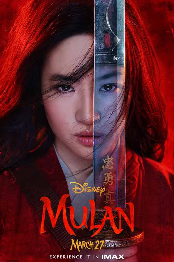 Poster of Mulan wearing red and holding a sword in front of her face