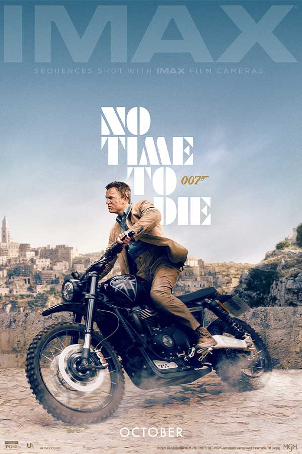 film poster of "No Time to Die" of James Bond wearing a brown suit on a motorcycle 