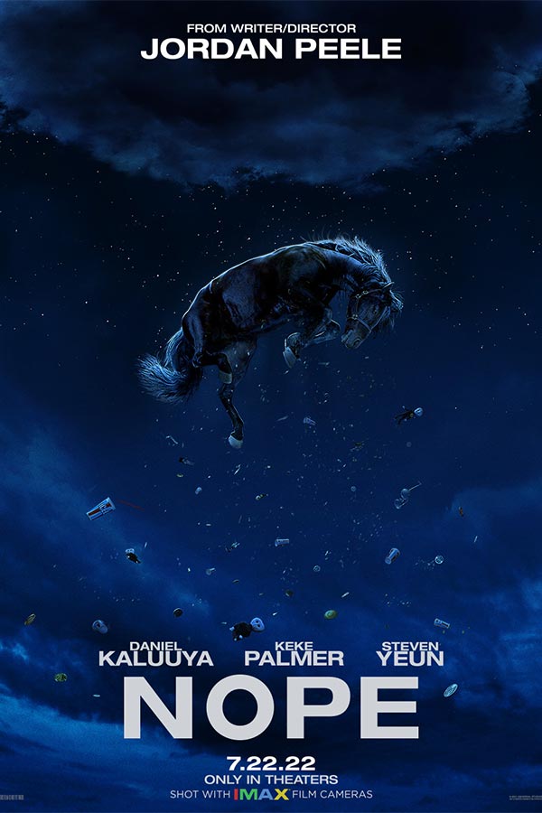 film poster for "Nope" of a black horse floating in a dark starry sky