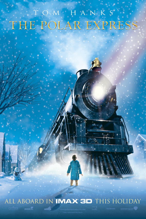 film poster for "Polar Express" of a train in a snowy town