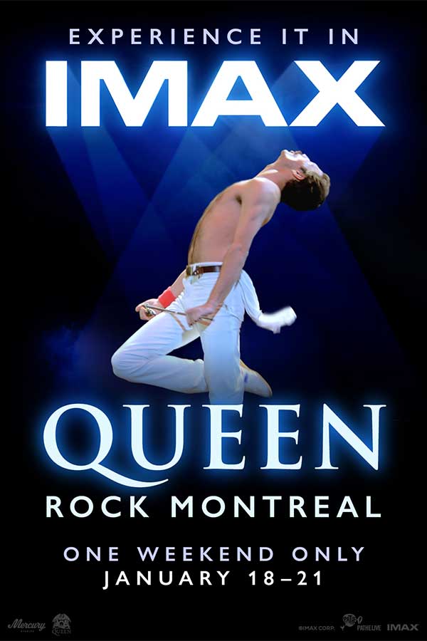 film poster for "Queen Rock Montreal" of Freddie Mercury in blue stage lights holding a microphone wearing white pants, no shirt looking towards the sky