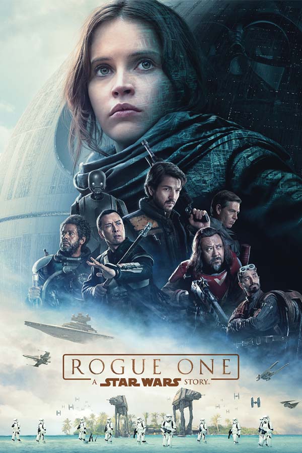 film poster for "Rogue One" of a group of people looking ready to fight, above them is a face of a woman looking off into the distance