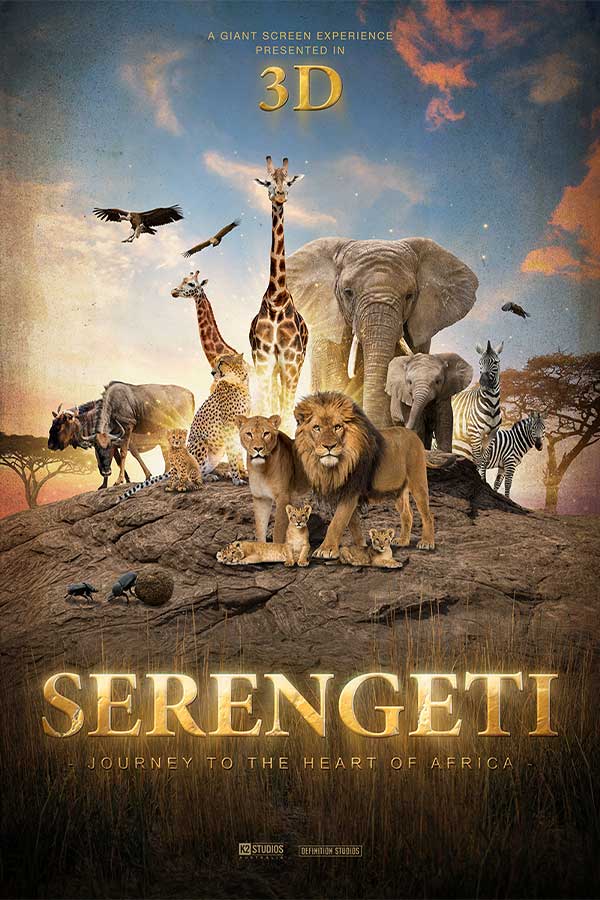 poster of the film "Serengeti" of African animals such as lions, cheetahs, zebras, giraffes, wildebeests, elephants posed on a rock