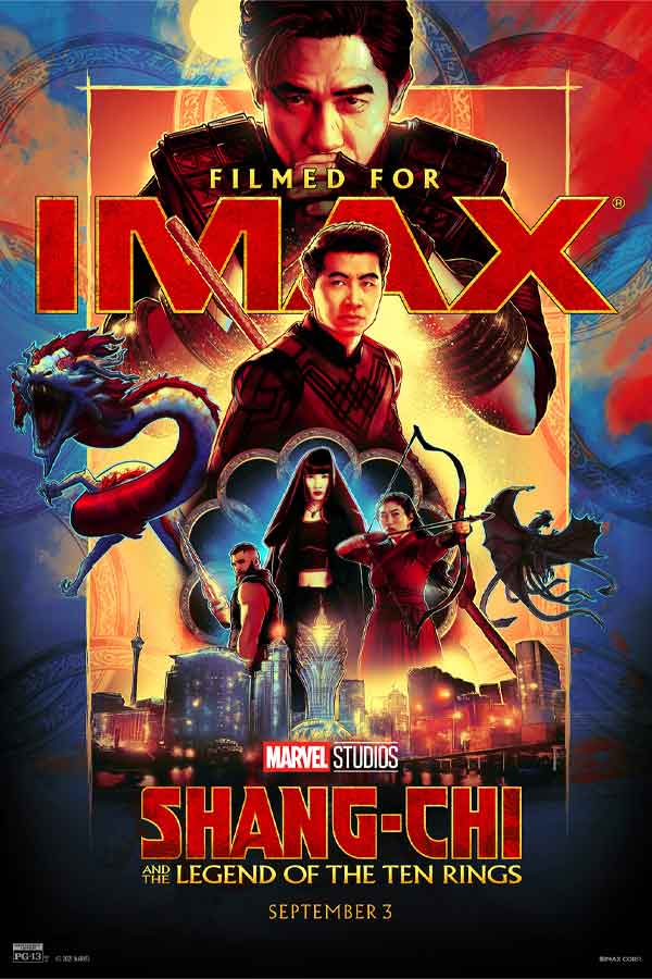 film poster of "Shang-Chi and the Legend of the Ten Rings" with the main actor set above 3 characters all poised to fight. The background is blue, red, and yellow