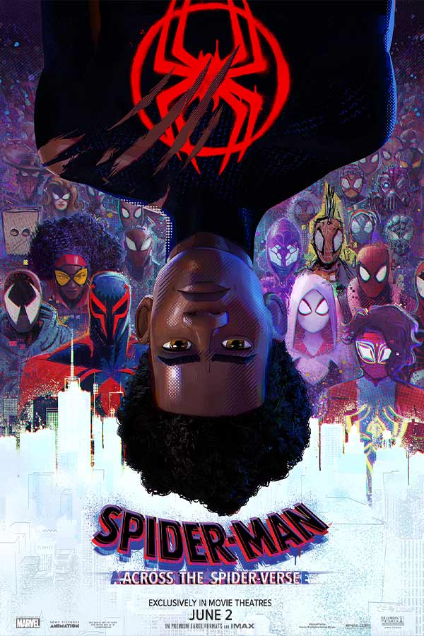 film poster for "Spider-Man: Across the Universe" of a Black teen wearing a torn up Spider-Man short, he is upside down in the poster.