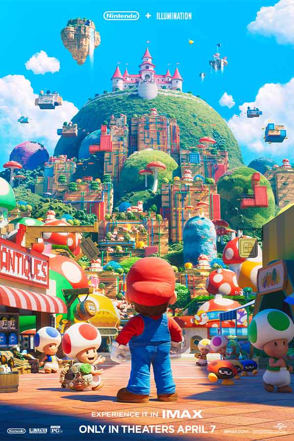 film poster for "The Super Mario Bros. Movie" of Mario wearing a red hat standing in front of a videogame city that has lots of red and white mushrooms